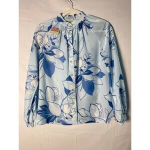 Vintage 70s Alfred Dunner Blue Floral Sheer Button-Up Blouse Women's Size Small